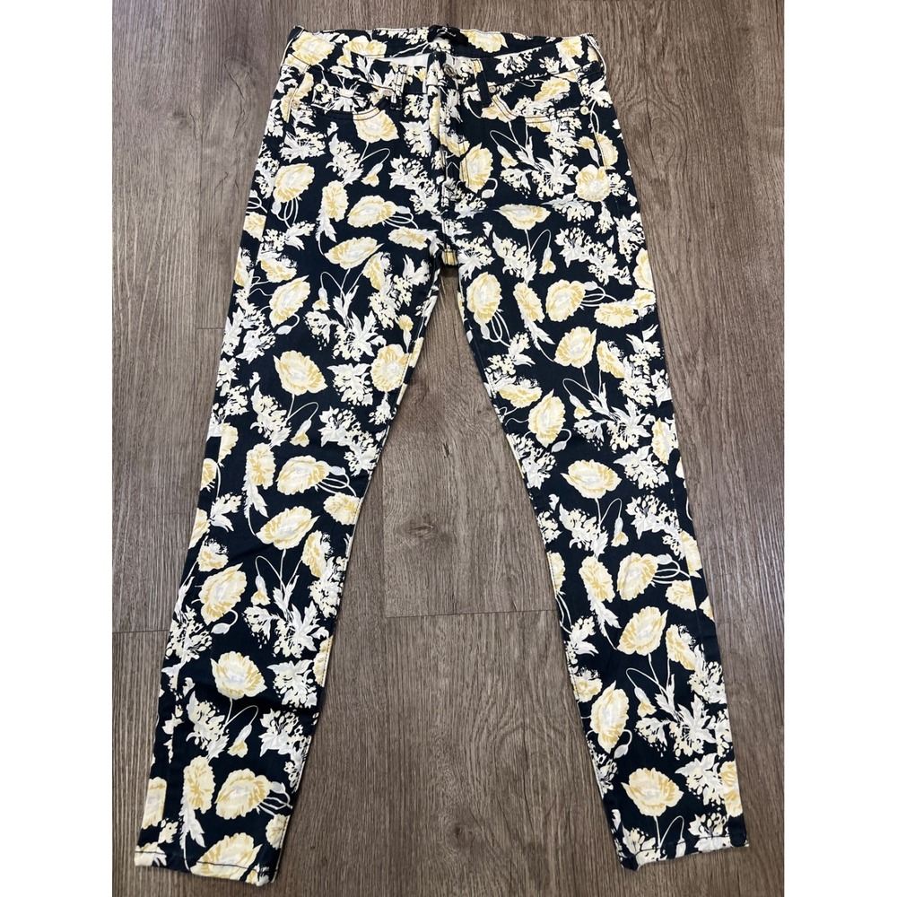 7 For All Mankind Floral Poppy Skinny Jeans Yellow Navy White Size 28 Ankle